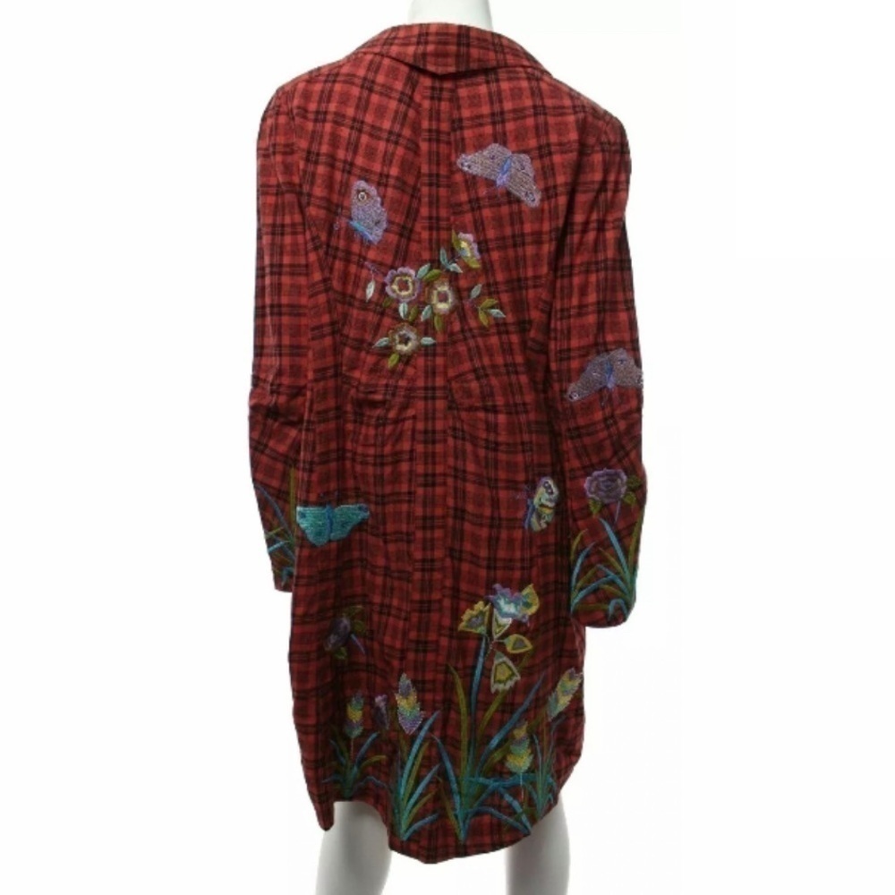 Anthropologie Chan Luu Long Jacket L Plaid Red Embroidered Floral Butterfly